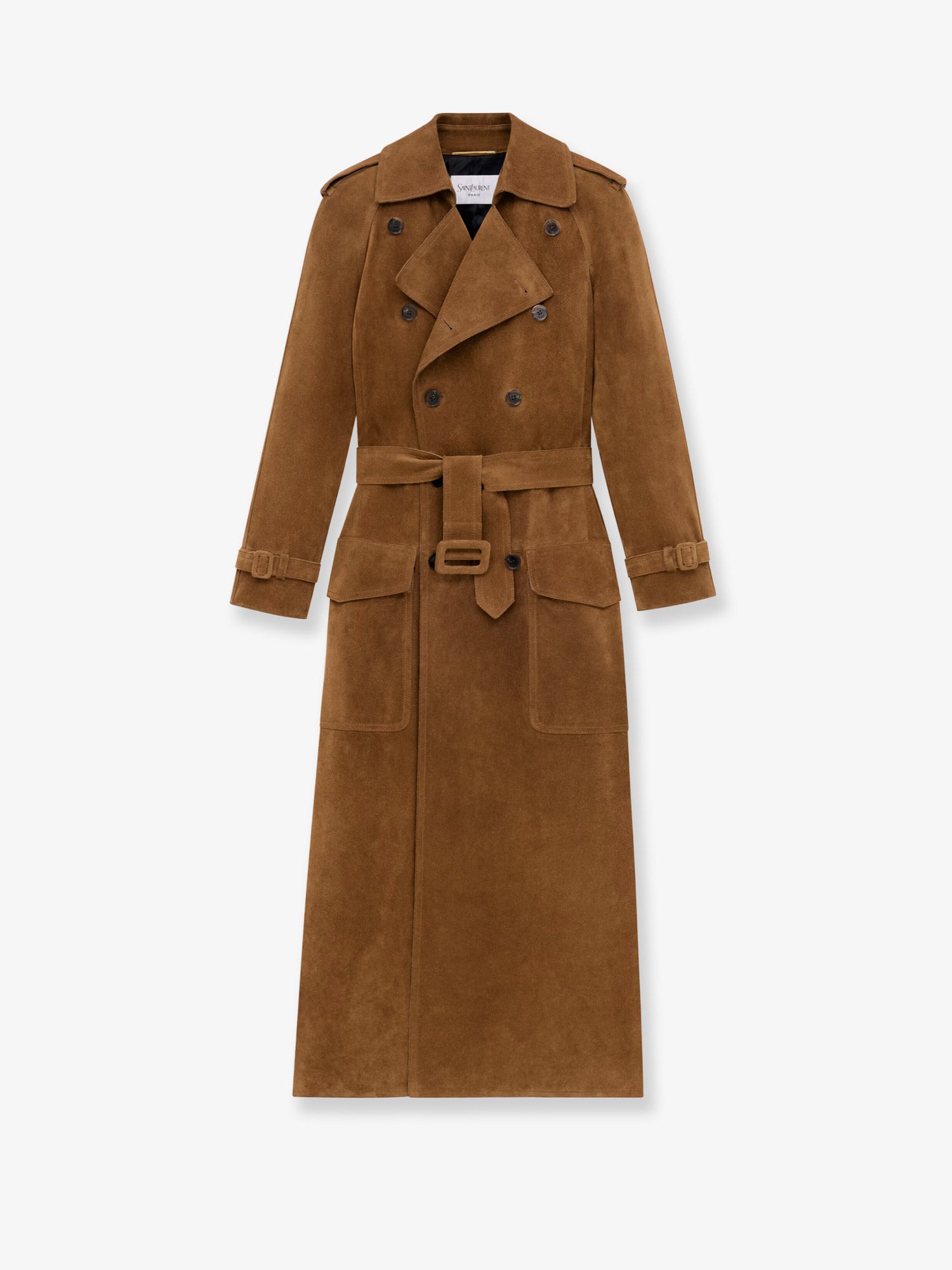 Long double-breasted suede trench coat