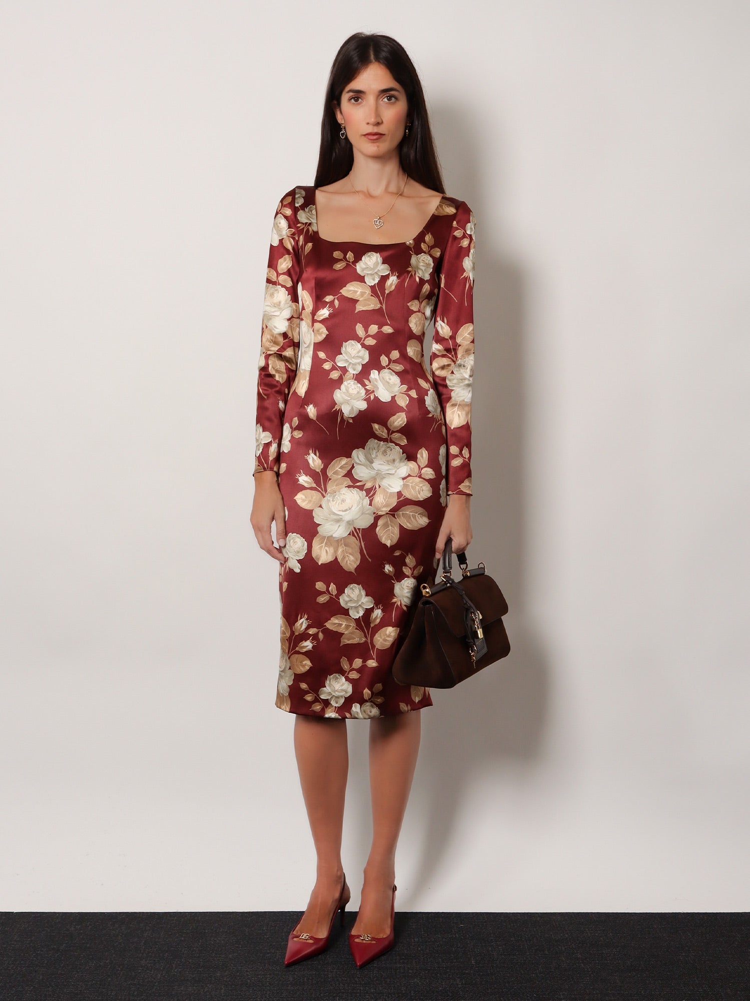 Vintage rose print satin midi pencil dress - Image 2