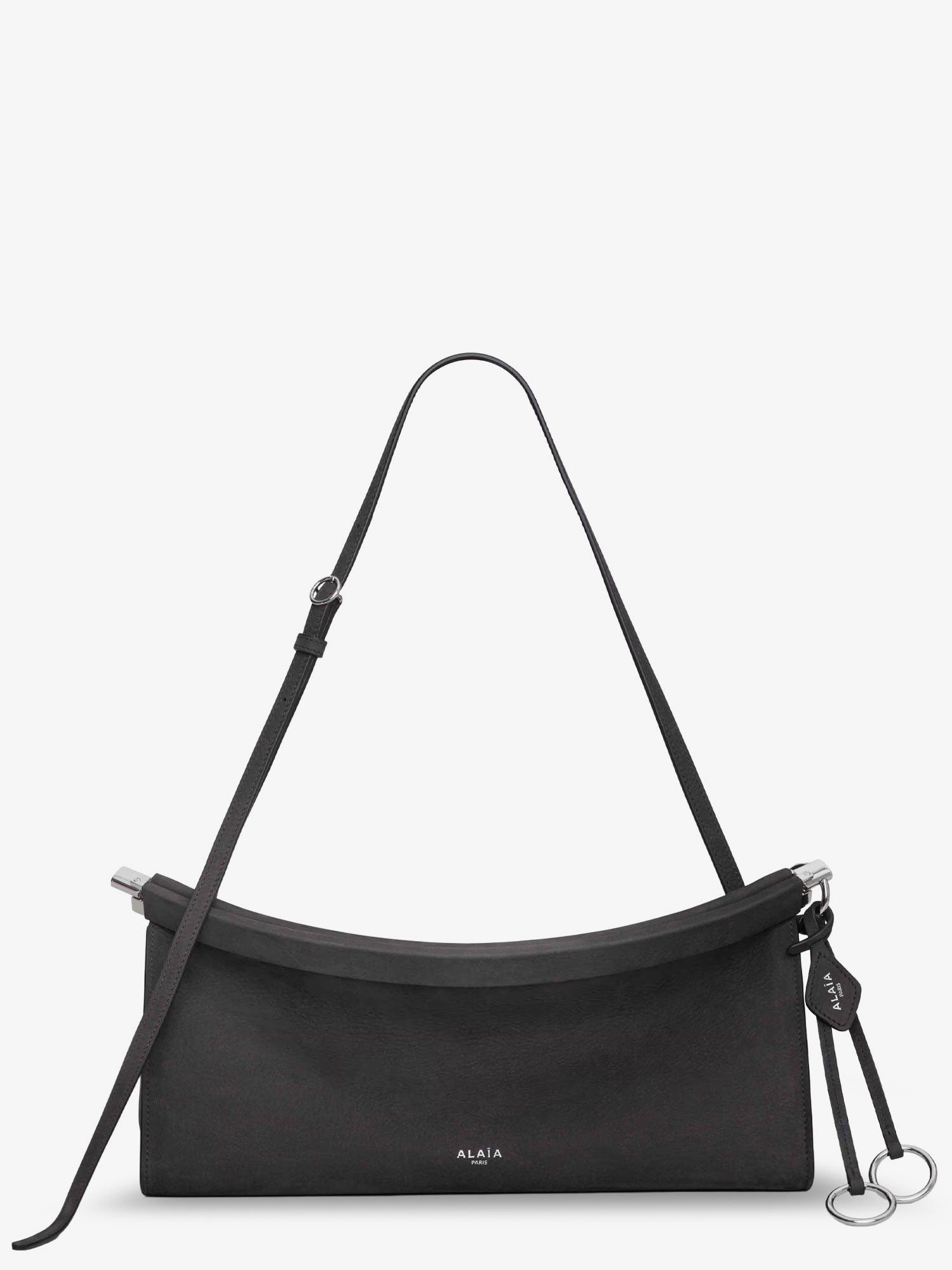 East West leather shoulder bag with engraved lettering logo