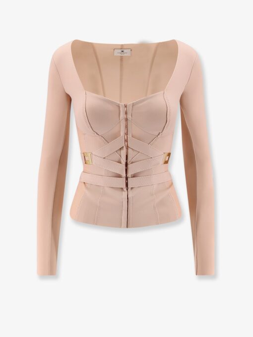 Stretch fabric top with metal details