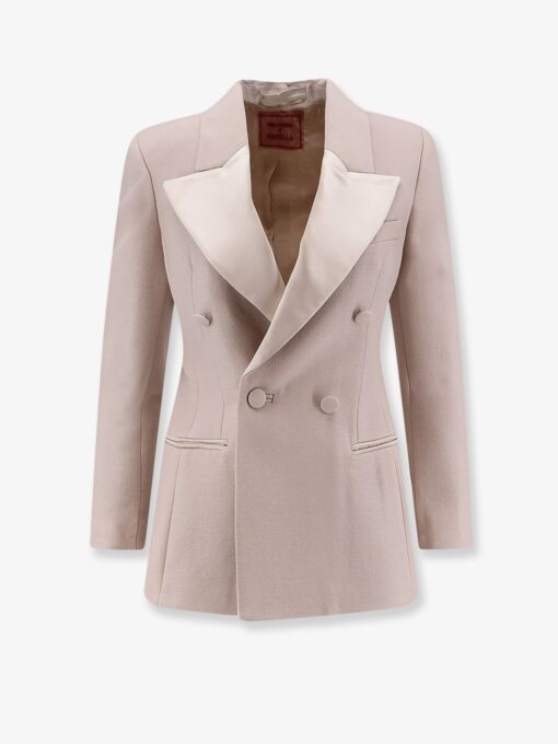 Double-breasted wool blend blazer with satin profiles