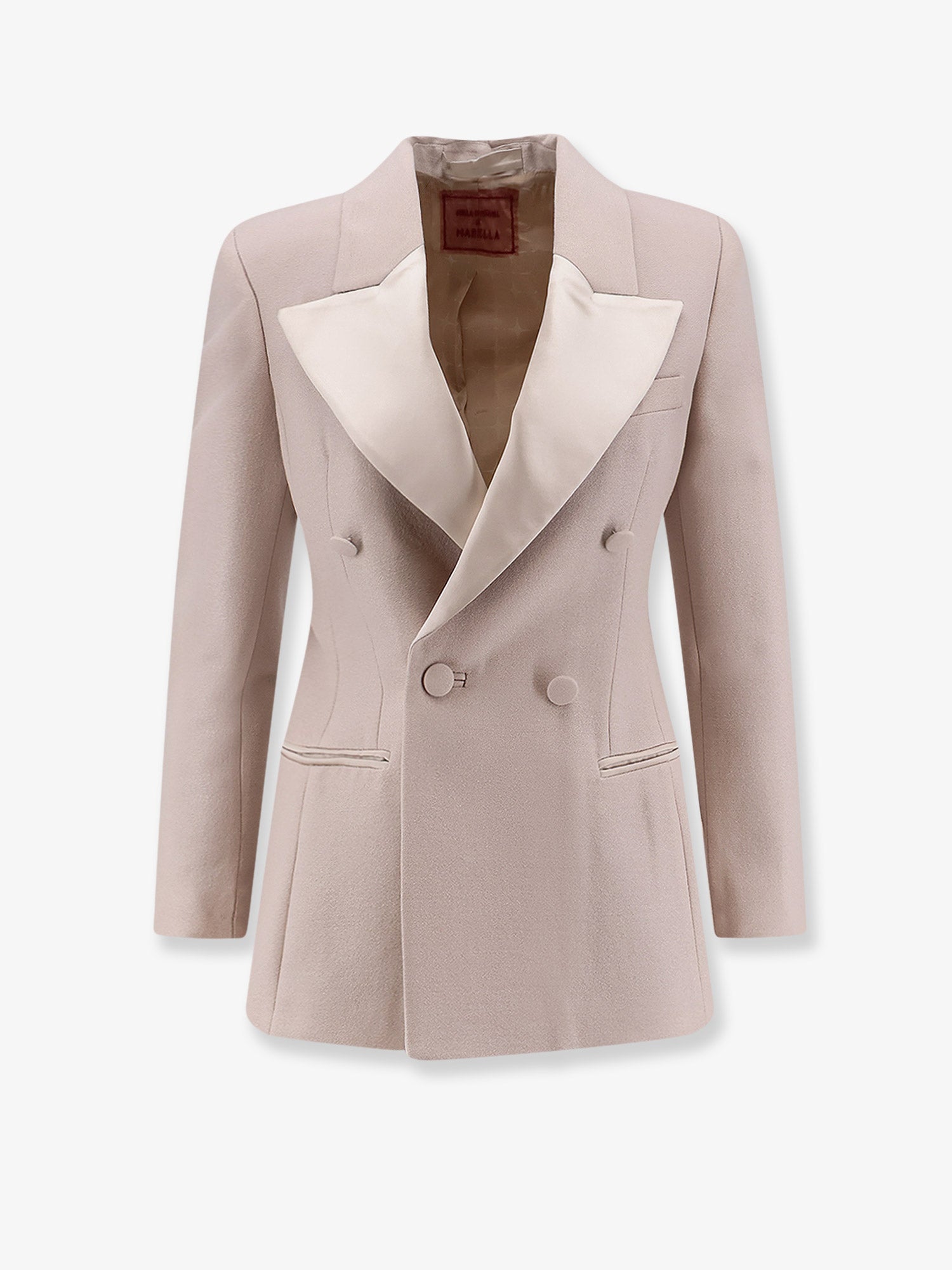 Double-breasted wool blend blazer with satin profiles