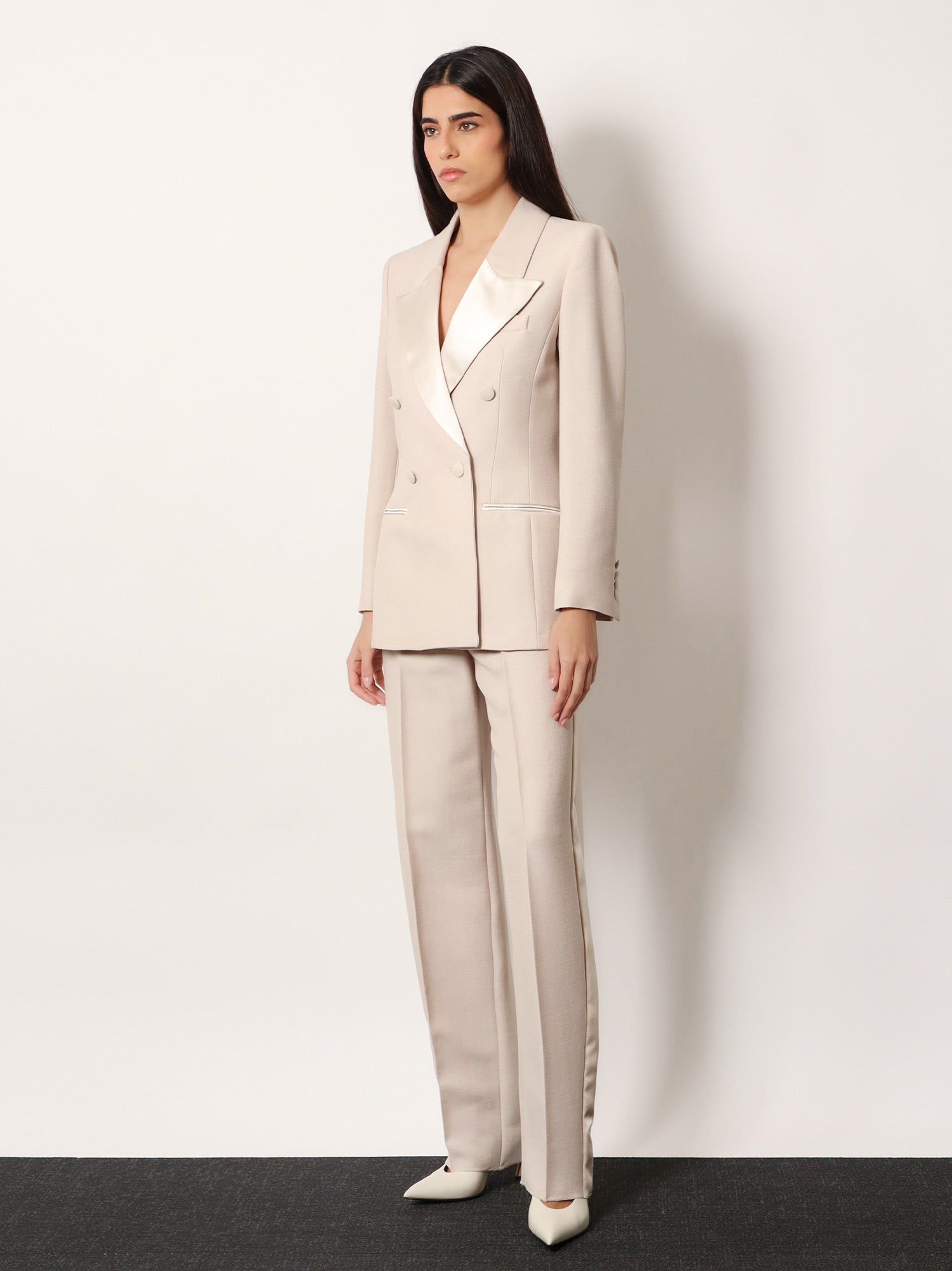 Double-breasted wool blend blazer with satin profiles - Image 2