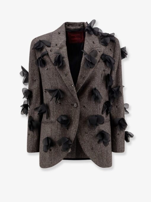 Wool blend blazer with rhinestones and flower patch