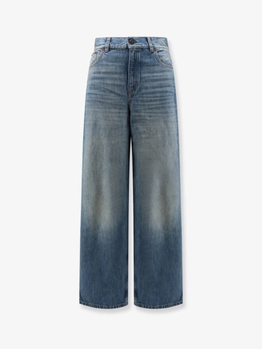Blue denim jeans with logo label on the back