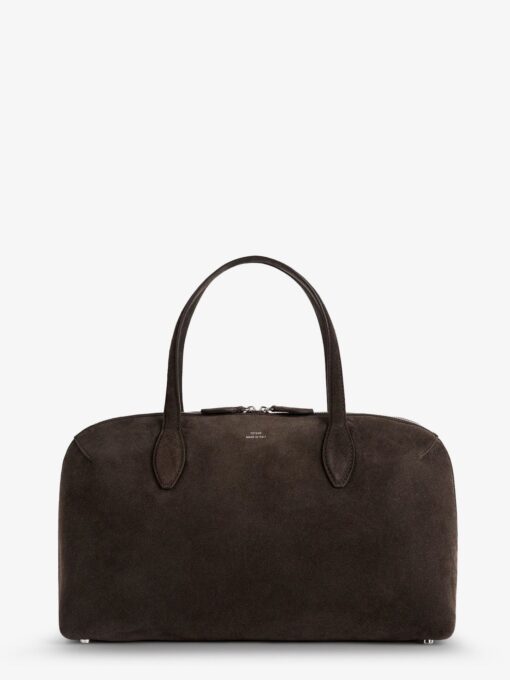 Suede shoulder bag with logo lettering on the front